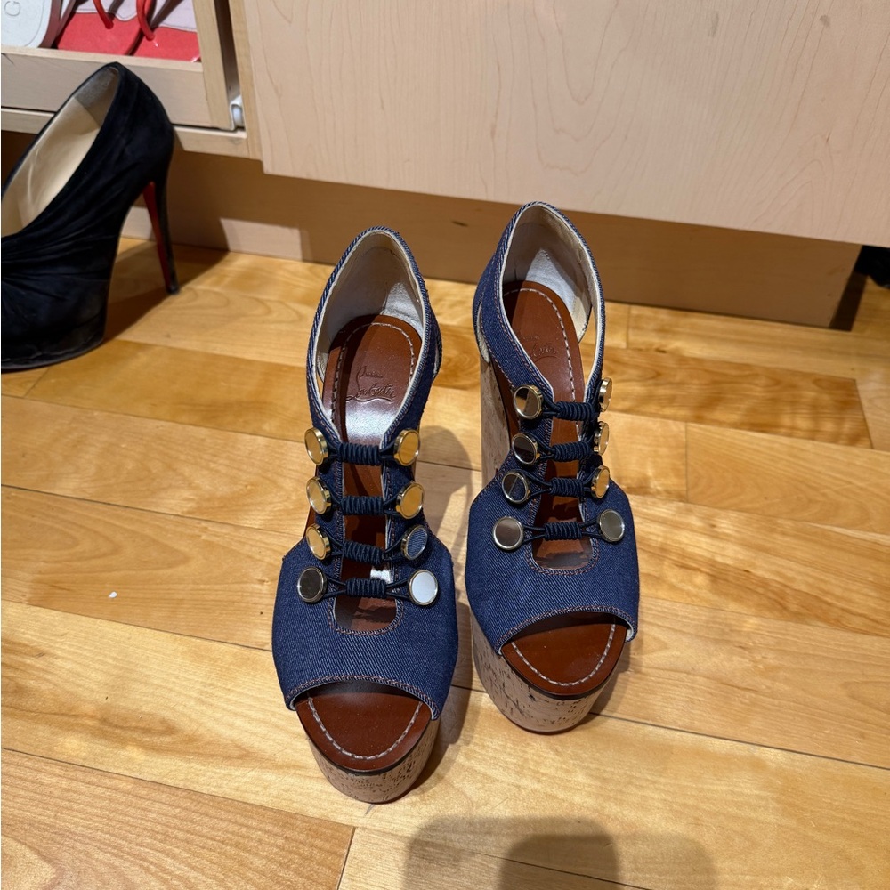 Christian Louboutin Denim Platform Slingback Sandals with Gold Buttons